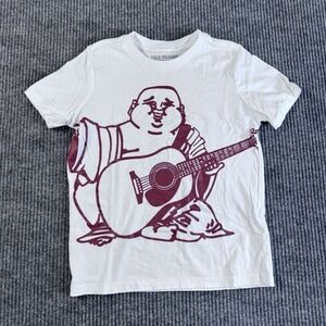 True Religion Unisex Kids Medium White Maroon Graphic Buddha Guitar‎ T-Shirt
